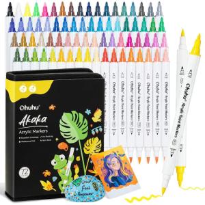 Ohuhu Acrylic Paint Markers Dual Tips: 72 Colors Brush & Fine Paint Pens High Opacity Acrylic Markers Waterproof Lightfast for Christmas Gifts Rock Painting 3D Prints Egg Wood Glass Ceramic DIY Crafts(Brush & Fine)