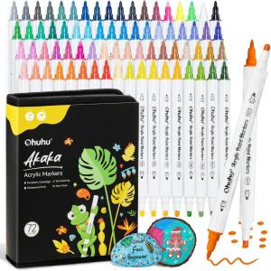 Ohuhu Acrylic Paint Markers Dual Tips: 72 Colors Brush & Fine Paint Pens High Opacity Acrylic Markers Waterproof Lightfast for Christmas Gifts Rock Painting 3D Prints Egg Wood Glass Ceramic DIY Crafts(Fine & Dot)