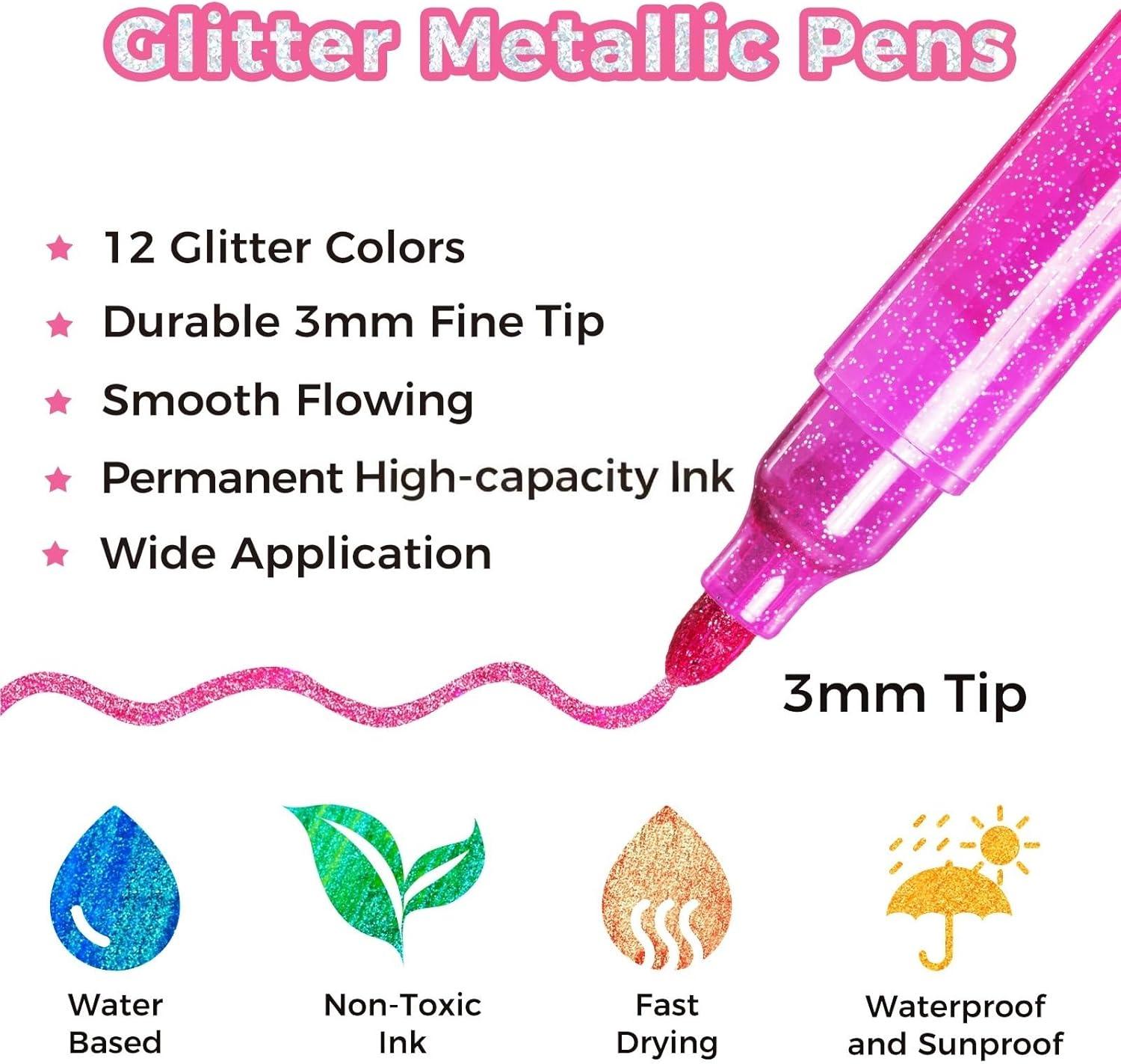imageOhuhu Glitter Markers Pen 12 Glitter Colors Metallic Shimmer Marker Fine Tip Waterbased Ink for Adults DIY Crafts Greeting Birthday Cards Making Mugs Wood Medium Tip 30mm