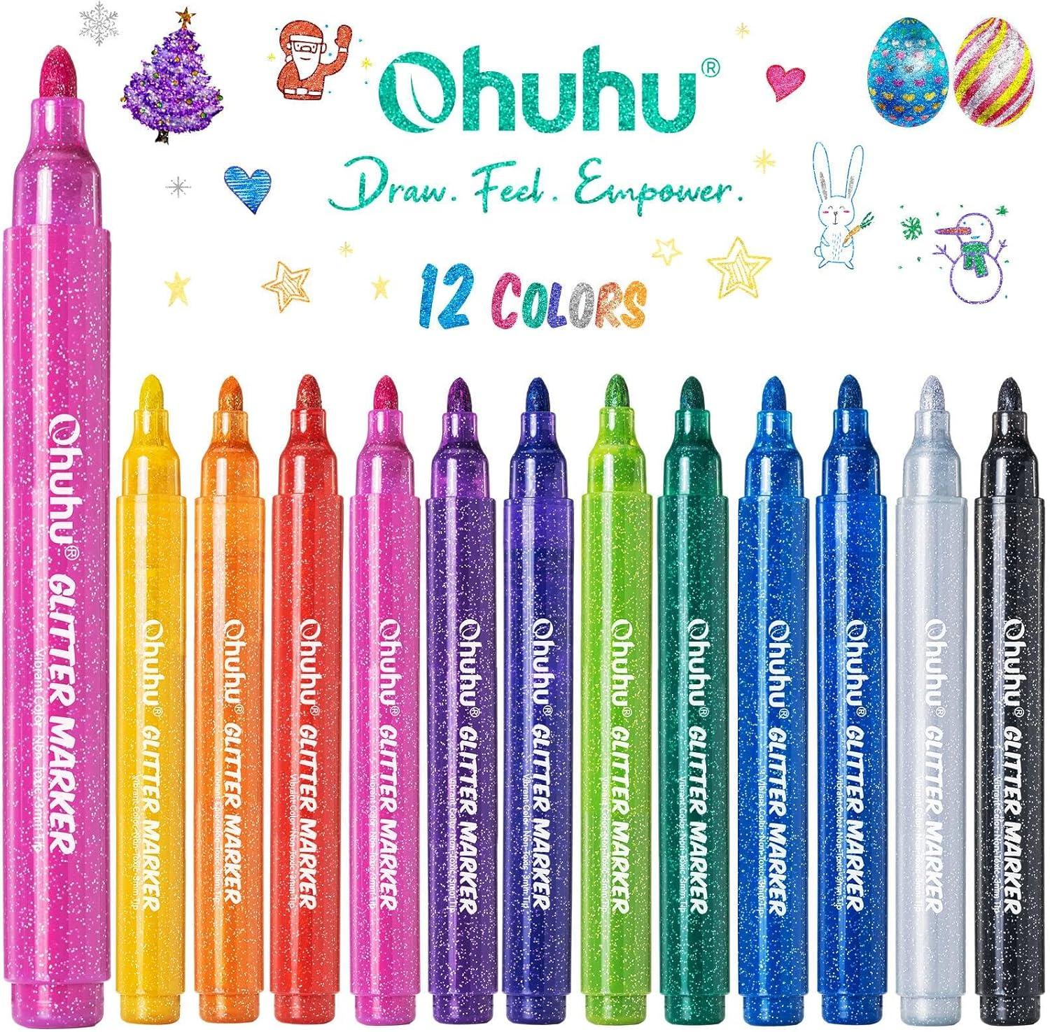 imageOhuhu Glitter Markers Pen 12 Glitter Colors Metallic Shimmer Marker Fine Tip Waterbased Ink for Adults DIY Crafts Greeting Birthday Cards Making Mugs Wood Medium Tip 30mm