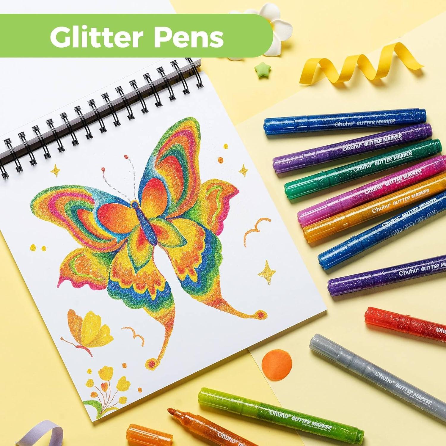 imageOhuhu Glitter Markers Pen 12 Glitter Colors Metallic Shimmer Marker Fine Tip Waterbased Ink for Adults DIY Crafts Greeting Birthday Cards Making Mugs Wood Medium Tip 30mm