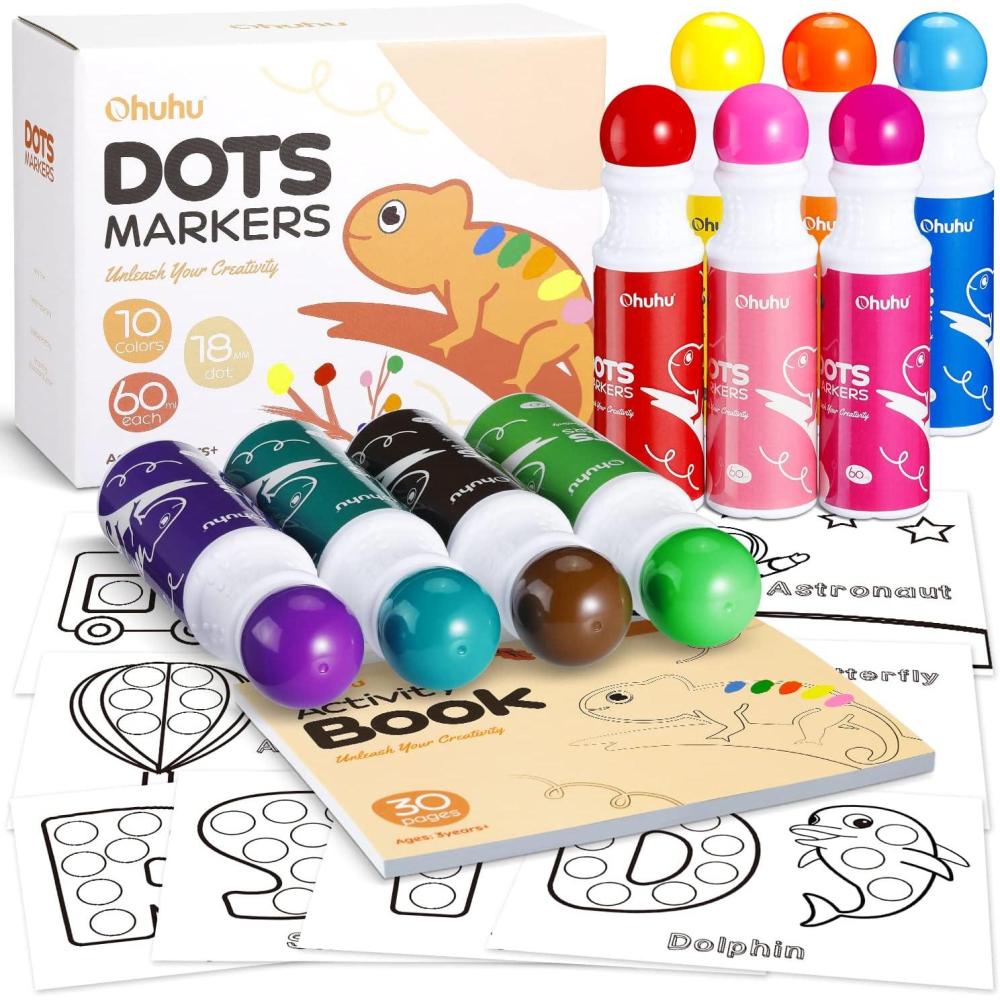 imageOhuhu Washable Large Dot Markers for Toddler 10 Colors Bingo Daubers Updated Real Washable Ink 60 ml 202 oz with 30 Pages Kids Activity Book for Kids Children 3 Ages  Preschool Dot Art Markers