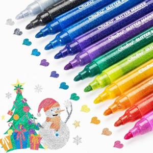Ohuhu Glitter Markers Pen: 12 Glitter Colors Metallic Shimmer Marker Fine Tip Water-based Ink for Adults DIY Crafts Greeting Birthday Cards Making Mugs Wood Medium Tip 3.0mm