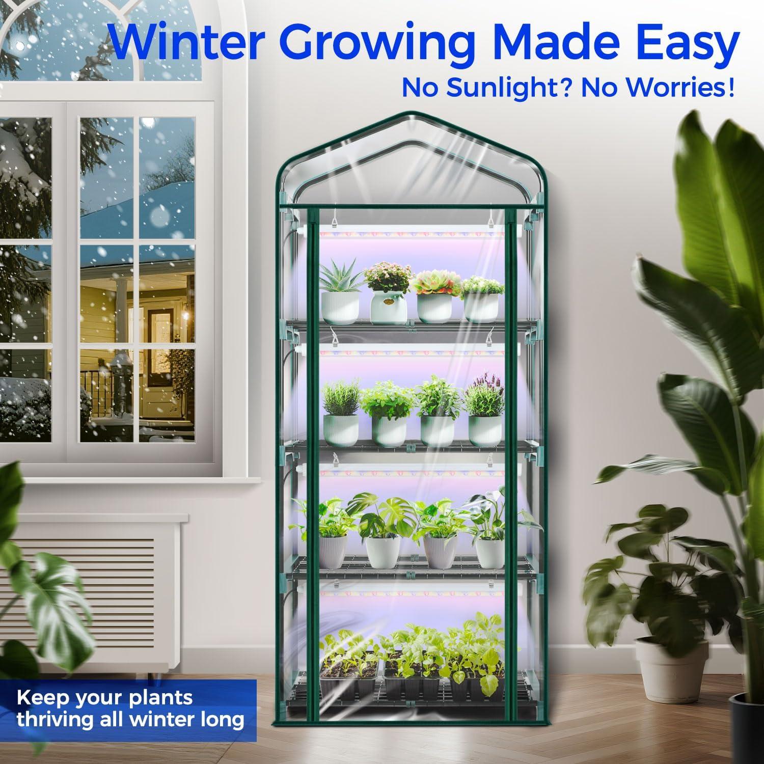 image:imageIndoor Greenhouse with Grow Light Ohuhu 4Tier Mini Green House for Winter Full Spectrum Greenhouses for Seed Starting Small Portable Green Houses Waterproof PVC Cover amp Adjustable ShelvesPVC