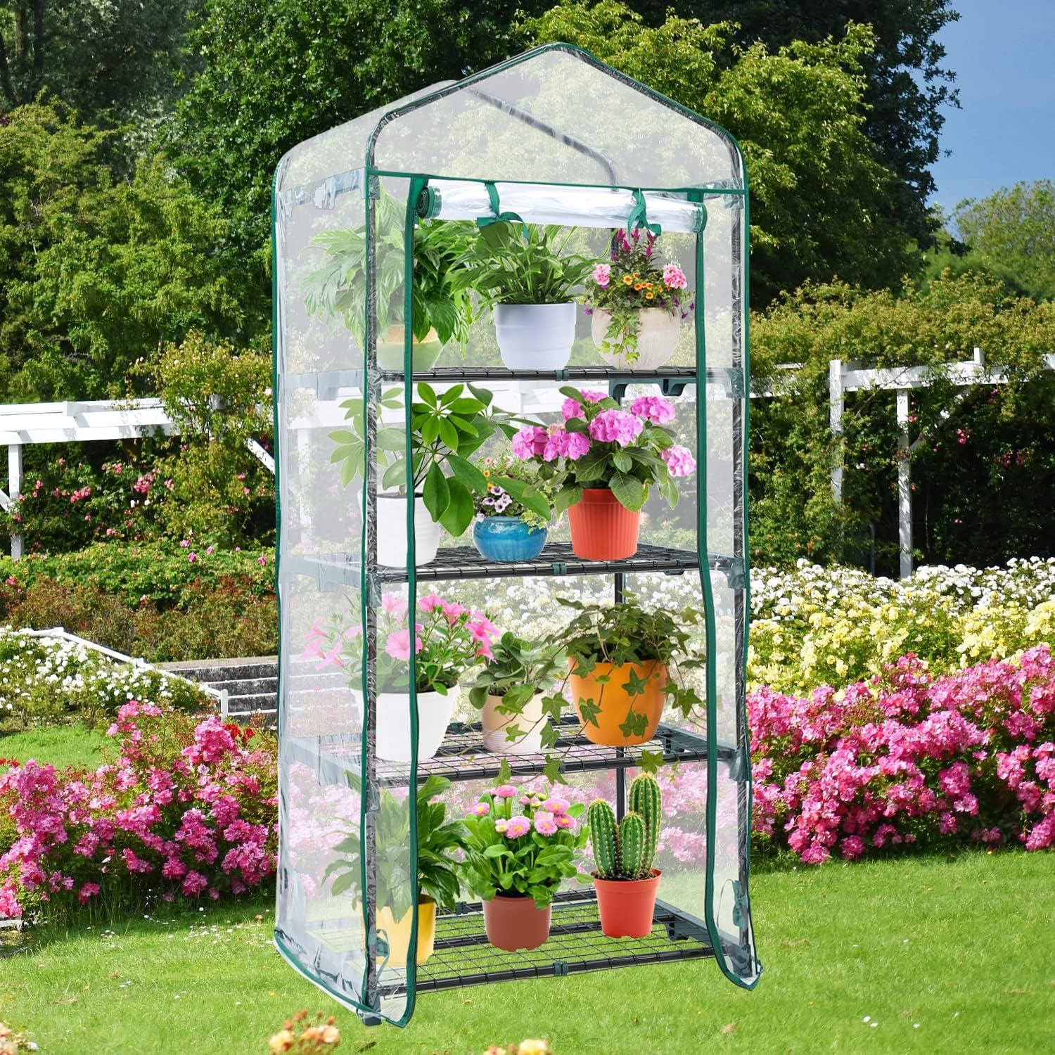 image:imageIndoor Greenhouse with Grow Light Ohuhu 4Tier Mini Green House for Winter Full Spectrum Greenhouses for Seed Starting Small Portable Green Houses Waterproof PVC Cover amp Adjustable ShelvesPVC