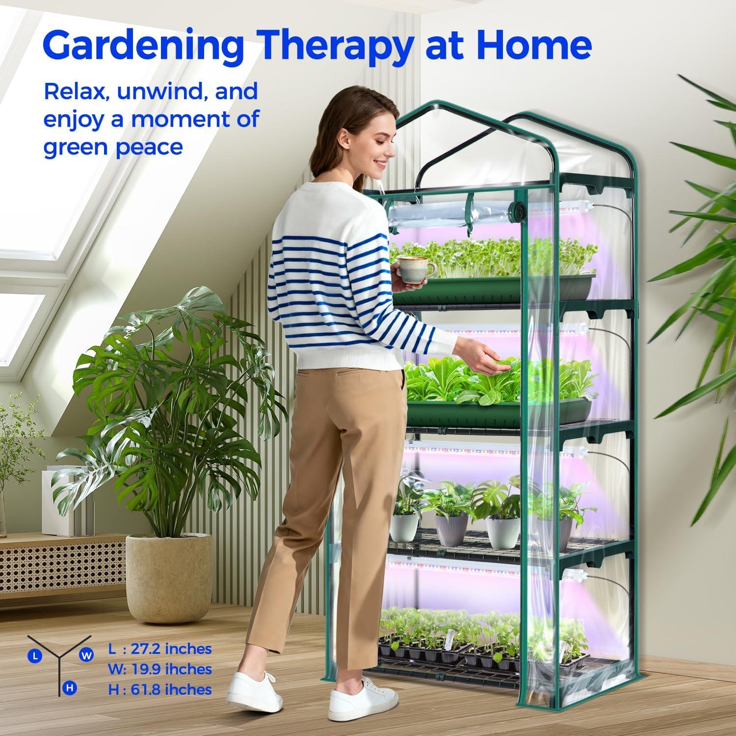 image:imageIndoor Greenhouse with Grow Light Ohuhu 4Tier Mini Green House for Winter Full Spectrum Greenhouses for Seed Starting Small Portable Green Houses Waterproof PVC Cover amp Adjustable ShelvesPVC