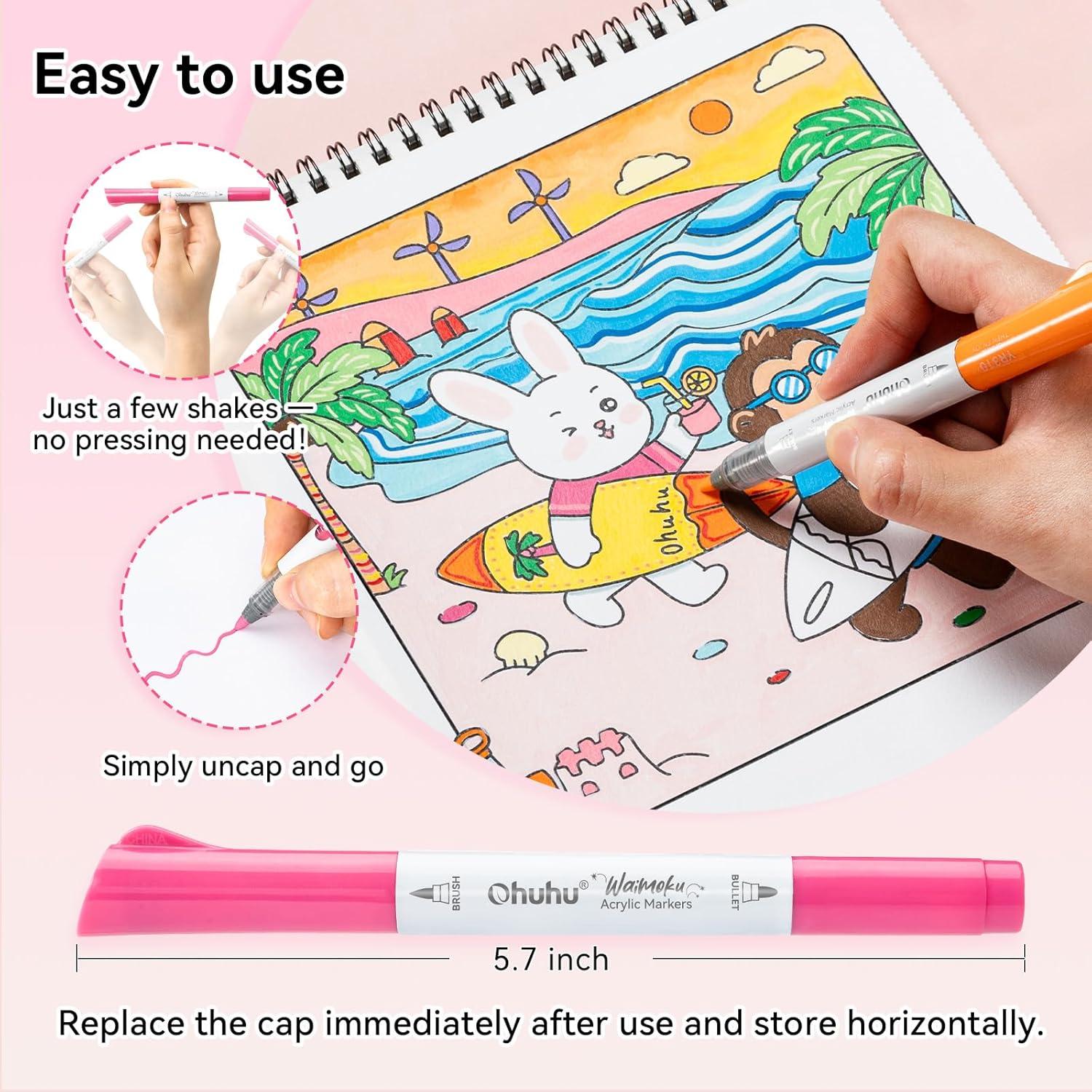 image:imageOhuhu Acrylic Paint Markers Dual Tips 24 Colors Brush amp Bullet Automatic Ink Control Acrylic Markers High Opacity Paint Pens Waterproof for Rock Painting 3D Prints Egg Wood DIY Craft Waimoku