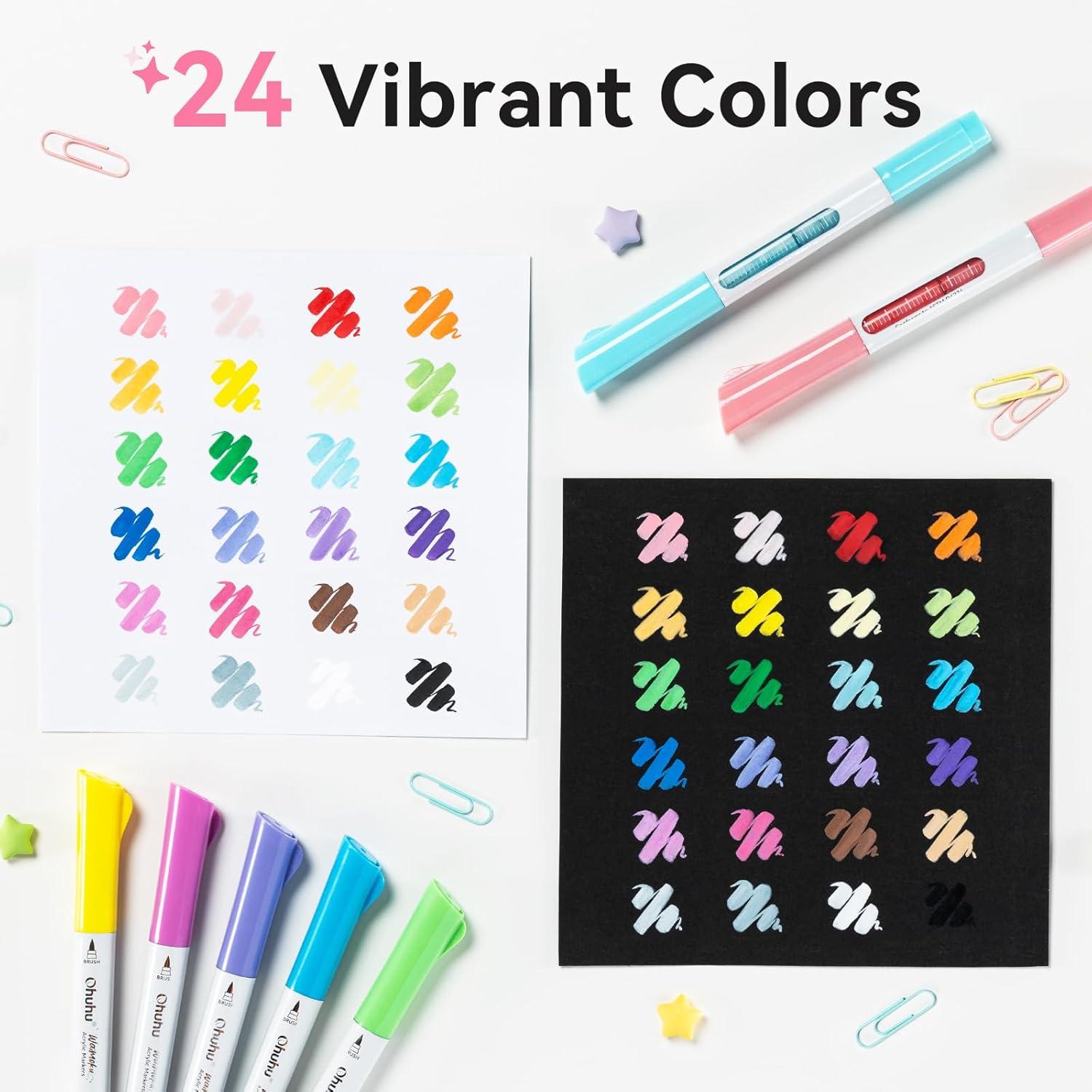 image:imageOhuhu Acrylic Paint Markers Dual Tips 24 Colors Brush amp Bullet Automatic Ink Control Acrylic Markers High Opacity Paint Pens Waterproof for Rock Painting 3D Prints Egg Wood DIY Craft Waimoku