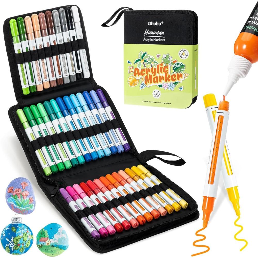 image:imageOhuhu Acrylic Paint Markers Refillable 36 Colors Acrylic Markers High Opacity Paint Markers Waterproof Lightfast for Rock Painting Easter Eggs 3D Prints Wood Glass Ceramic Canvas Hauauma