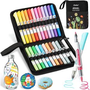 Ohuhu Acrylic Paint Markers Dual Tips: 24 Colors Brush & Bullet Automatic Ink Control Acrylic Markers High Opacity Paint Pens Waterproof for Rock Painting 3D Prints Egg Wood DIY Craft – Waimoku