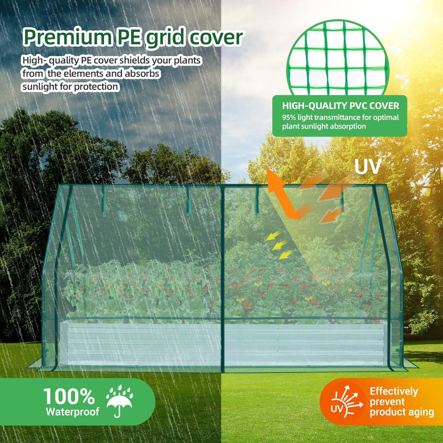 image:imageOhuhu Raised Garden Bed with Greenhouse 8x4x1 FT Galvanized Metal Planter Box with PE Cover 4 Doors for Ventilation 3in1 Gardening Set for Vegetable Flower Herb Succulent8x4x1ft PE