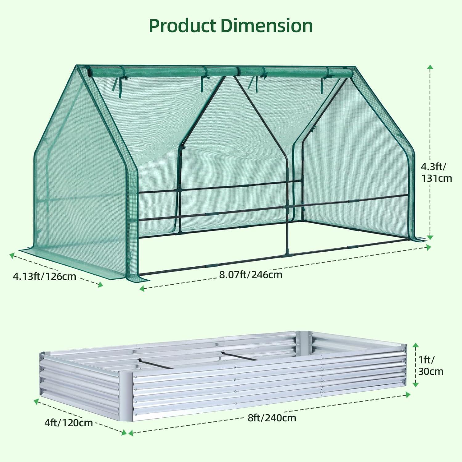 image:imageOhuhu Raised Garden Bed with Greenhouse 8x4x1 FT Galvanized Metal Planter Box with PE Cover 4 Doors for Ventilation 3in1 Gardening Set for Vegetable Flower Herb Succulent8x4x1ft PE