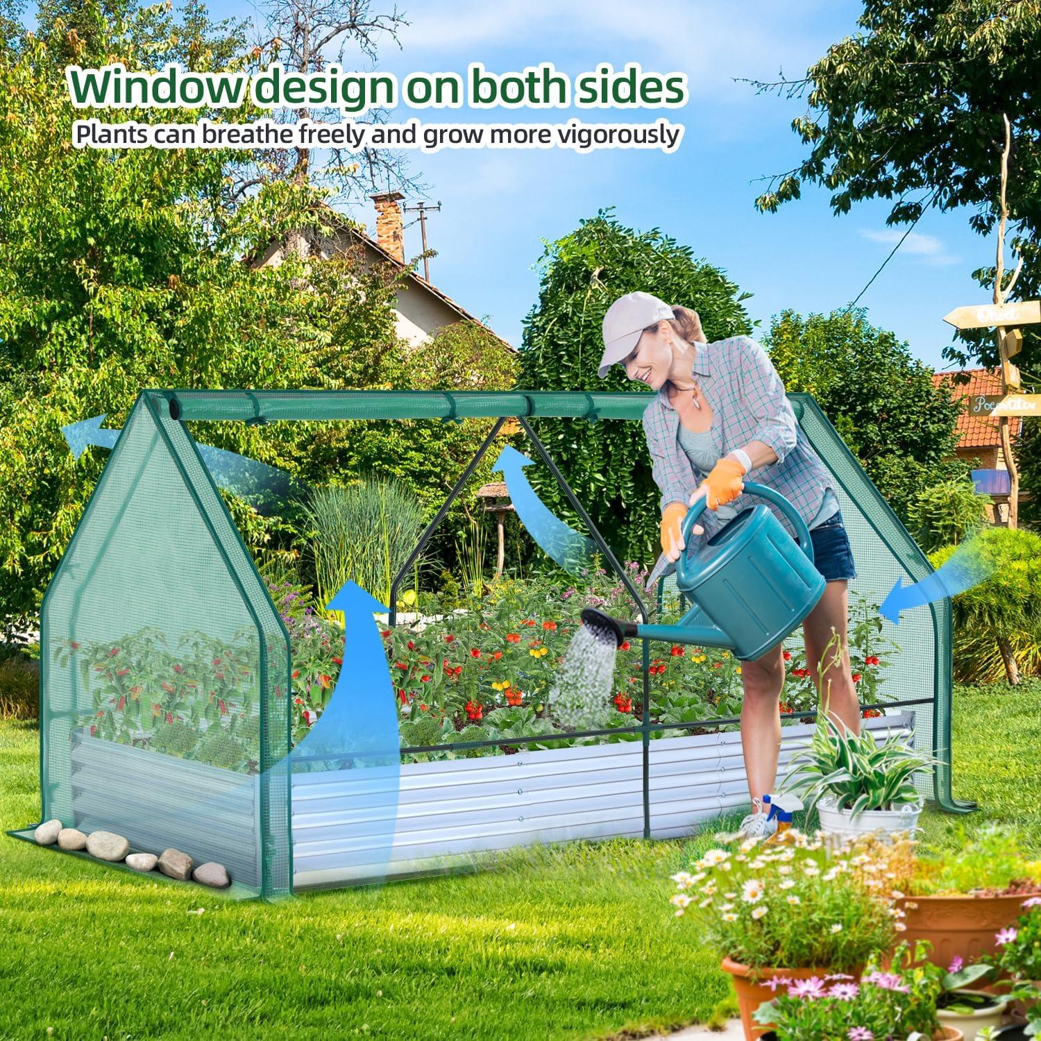image:imageOhuhu Raised Garden Bed with Greenhouse 8x4x1 FT Galvanized Metal Planter Box with PE Cover 4 Doors for Ventilation 3in1 Gardening Set for Vegetable Flower Herb Succulent8x4x1ft PE