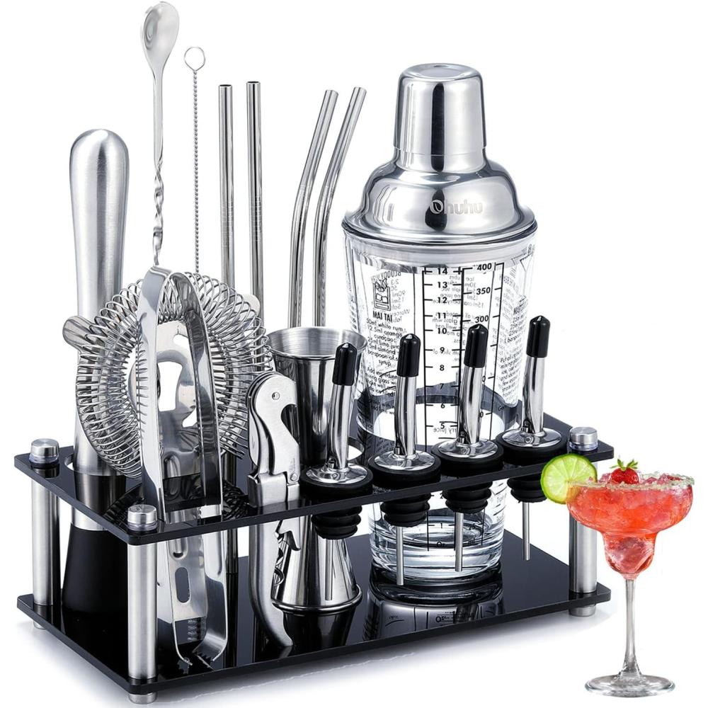 image:imageCocktail Shaker Set Ohuhu 17Piece Bartender Kit Bar Tool Set with Acrylic Stand Premium SodaLime Glass Drink Shaker with All Bar Accessories for Beginners Home Bar Parties