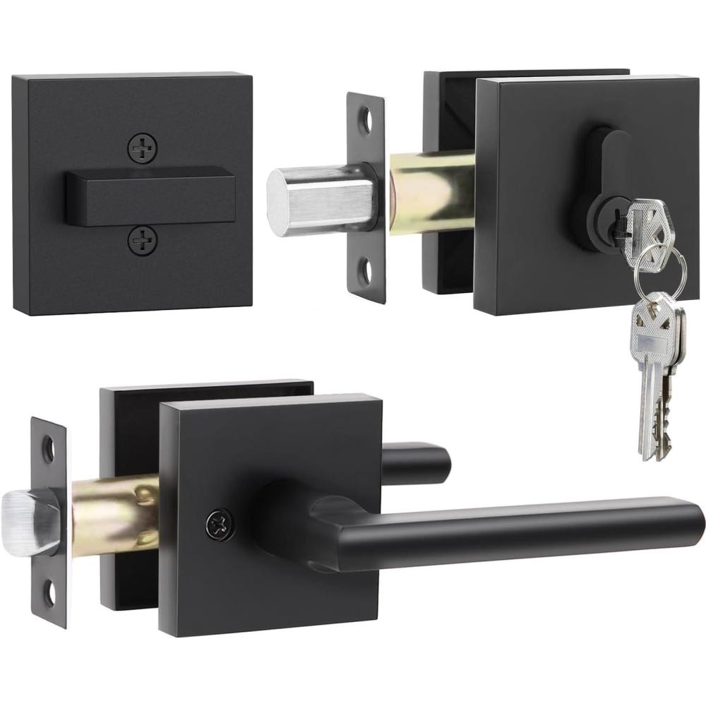 image:imageExterior Door Lock Set Ohuhu Heavy Duty Deadbolt Lock Entry Door Locksets with Deadbolt Matte Black Front Door Handle Modern Contemporary Square Sleek Design Zinc Alloy