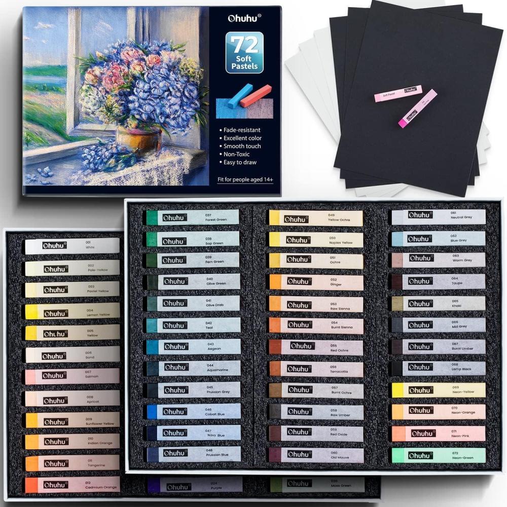 image:imageOhuhu 72 Long Chalk Pastel Set 72 Pastel Colors Chalk Markers For Artists 4 Fluorescent Colors With 6 Papers Included for Drawing Blending Layering Shading for Adults Beginners