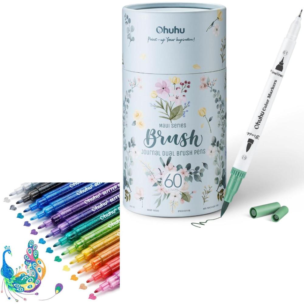 image:imageOhuhu Markers For Adult Coloring Books 60 Colors amp 12 Glitter Markers