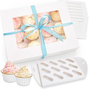 Ohuhu Cupcake Container, UPGRADED THICKEN 12 Pack 12 Count Cupcake Boxes – Food Grade Cupcake Holder with Handle Tray Window and Inserts to Hold 144 Pastry Muffin Box for Birthday Holiday Party Baker