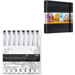 Ohuhu Fineliners Drawing Pen + Mix Media Pad, 8.3″×8.3″ Mixed Media Art Sketchbook