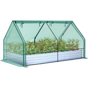 Ohuhu Raised Garden Bed with Greenhouse, 8x4x1 FT Galvanized Metal Planter Box with PE Cover, 4 Doors for Ventilation, 3-in-1 Gardening Set for Vegetable Flower Herb Succulent(8x4x1ft  PE)