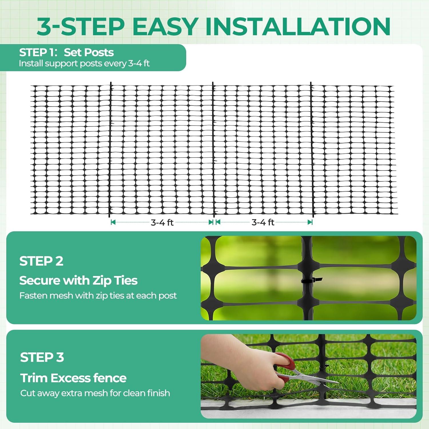 image:imageGarden Fence Animals Barrier Set Ohuhu 34FTx100FT Plastic Fence Roll with 25Pack 4FT Stakes Temporary Safety Netting Reusable Pool Fencing Snow Fence Poultry Fences for Deer Chicken Dog Black
