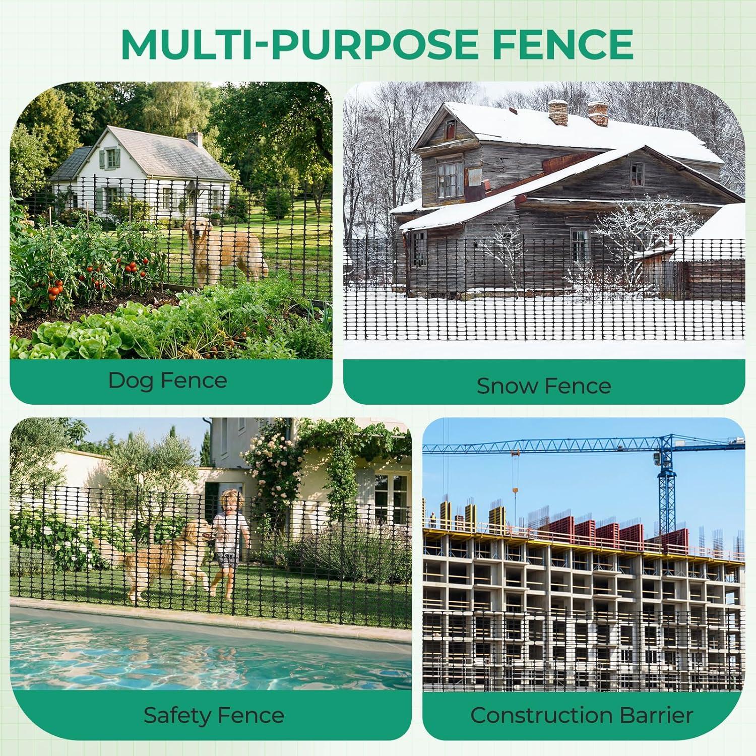 image:imageGarden Fence Animals Barrier Set Ohuhu 34FTx100FT Plastic Fence Roll with 25Pack 4FT Stakes Temporary Safety Netting Reusable Pool Fencing Snow Fence Poultry Fences for Deer Chicken Dog Black