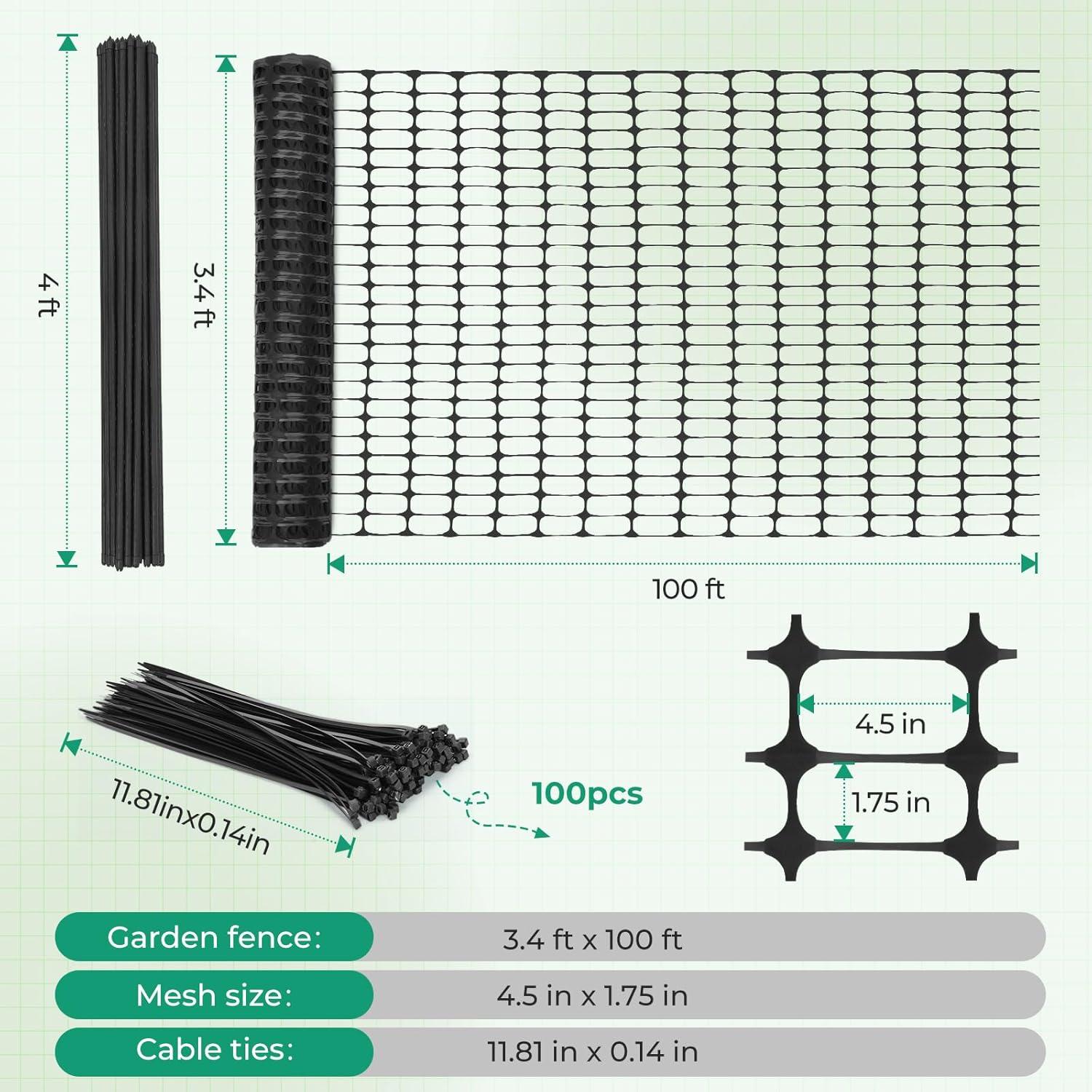 image:imageGarden Fence Animals Barrier Set Ohuhu 34FTx100FT Plastic Fence Roll with 25Pack 4FT Stakes Temporary Safety Netting Reusable Pool Fencing Snow Fence Poultry Fences for Deer Chicken Dog Black