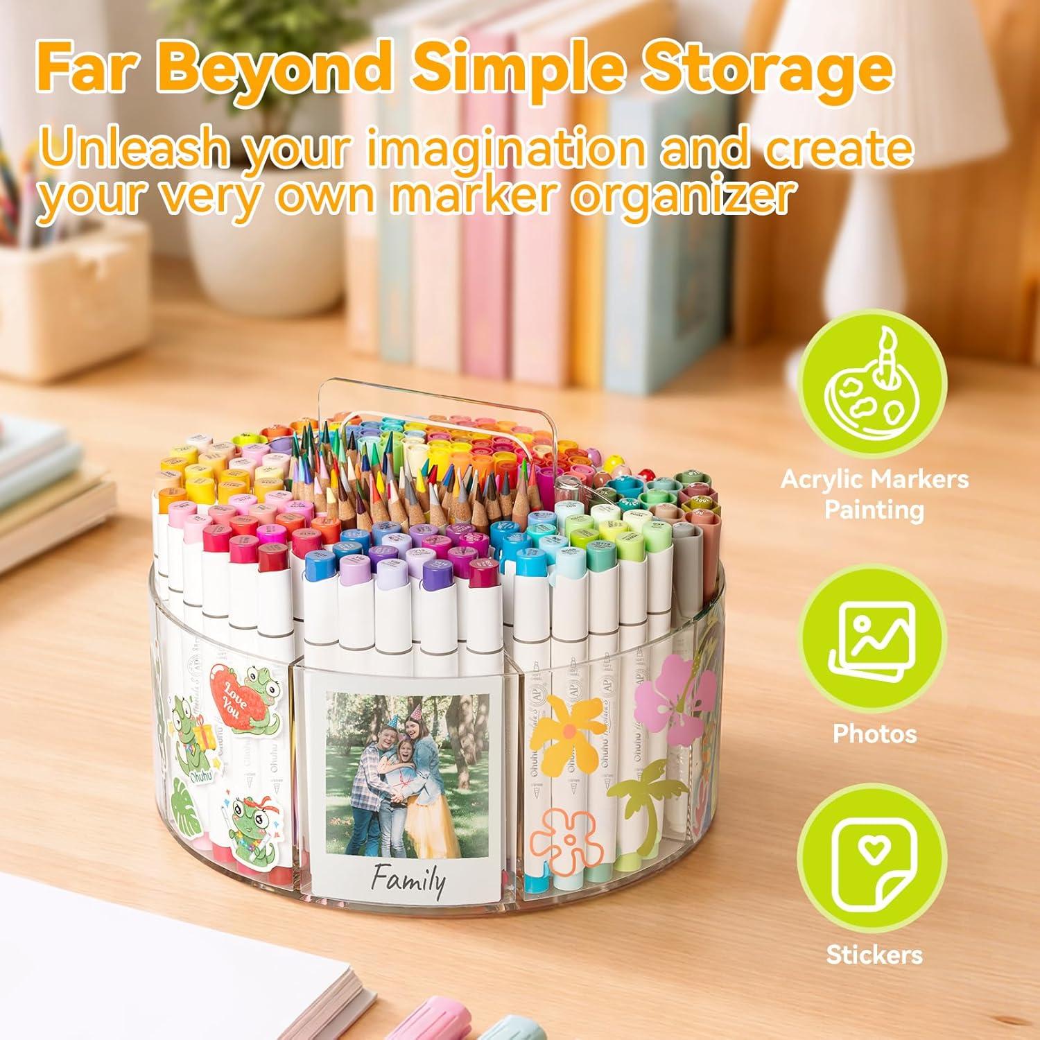 image:imageOhuhu Acrylic Marker Organizer for Alcohol Markers 360 Rotating Clear Acrylic Holder with Hidden Handle 10 Compartments for Markers Pens amp Pencils Home Classroom Office Desk Organizer