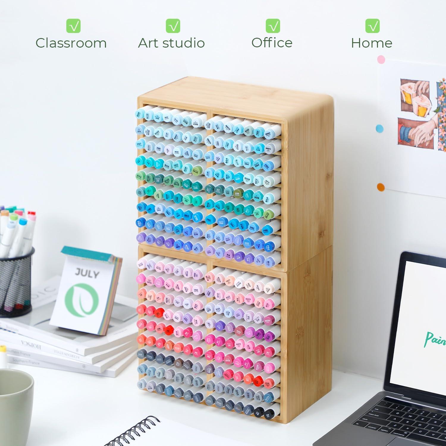 image:imageOhuhu Bamboo Marker Organizer Wooden Desktop Storage Hold 126 Markers Pens Pencils Art Brushes Stationary Organizer Pencil Holder with 18 Compartments for Home Classroom Office DecorRounded Corner Hold 126 Markers