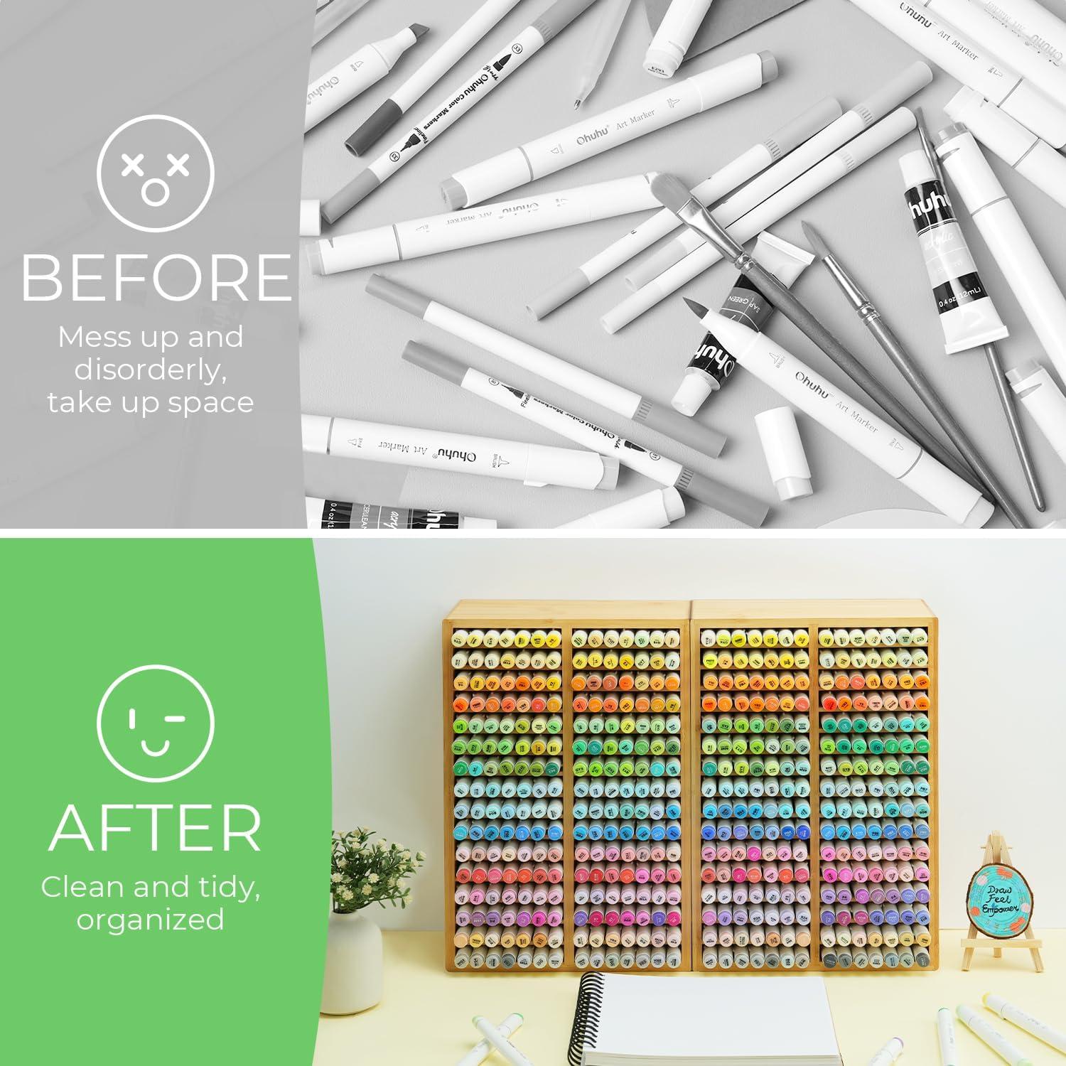 image:imageOhuhu Bamboo Marker Organizer Wooden Desktop Storage Hold 126 Markers Pens Pencils Art Brushes Stationary Organizer Pencil Holder with 18 Compartments for Home Classroom Office DecorRounded Corner Hold 224 Markers