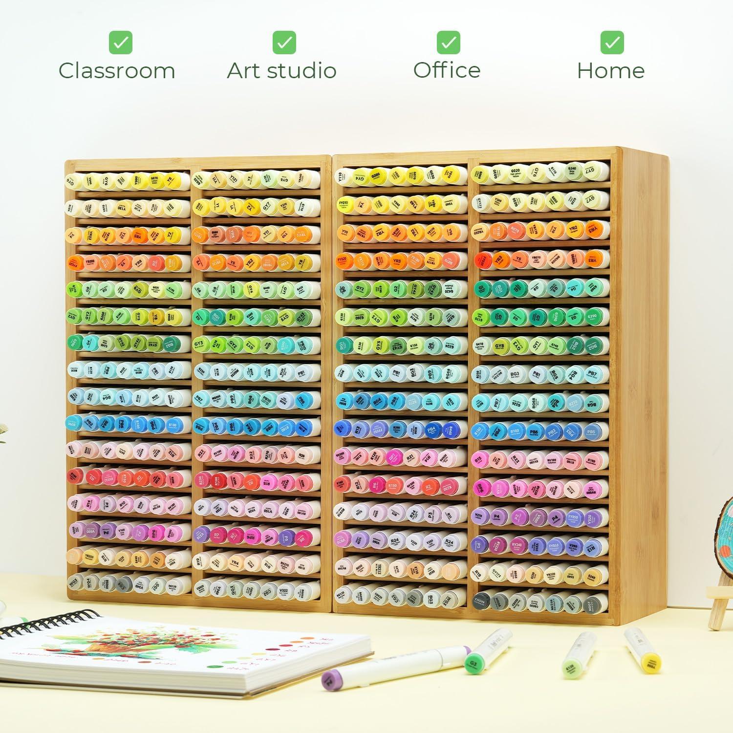image:imageOhuhu Bamboo Marker Organizer Wooden Desktop Storage Hold 126 Markers Pens Pencils Art Brushes Stationary Organizer Pencil Holder with 18 Compartments for Home Classroom Office DecorRounded Corner Hold 224 Markers