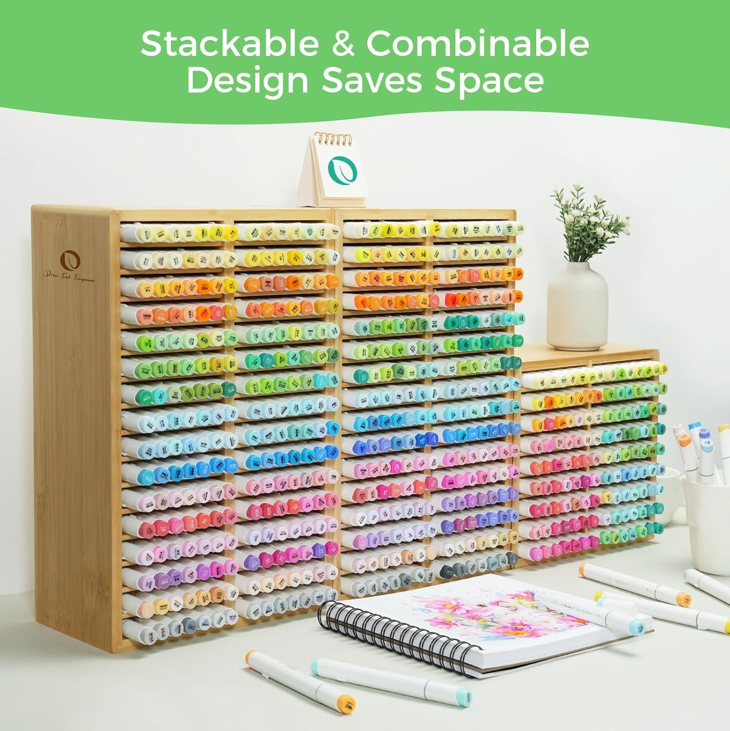 image:imageOhuhu Bamboo Marker Organizer Wooden Desktop Storage Hold 126 Markers Pens Pencils Art Brushes Stationary Organizer Pencil Holder with 18 Compartments for Home Classroom Office DecorRounded Corner Hold 224 Markers