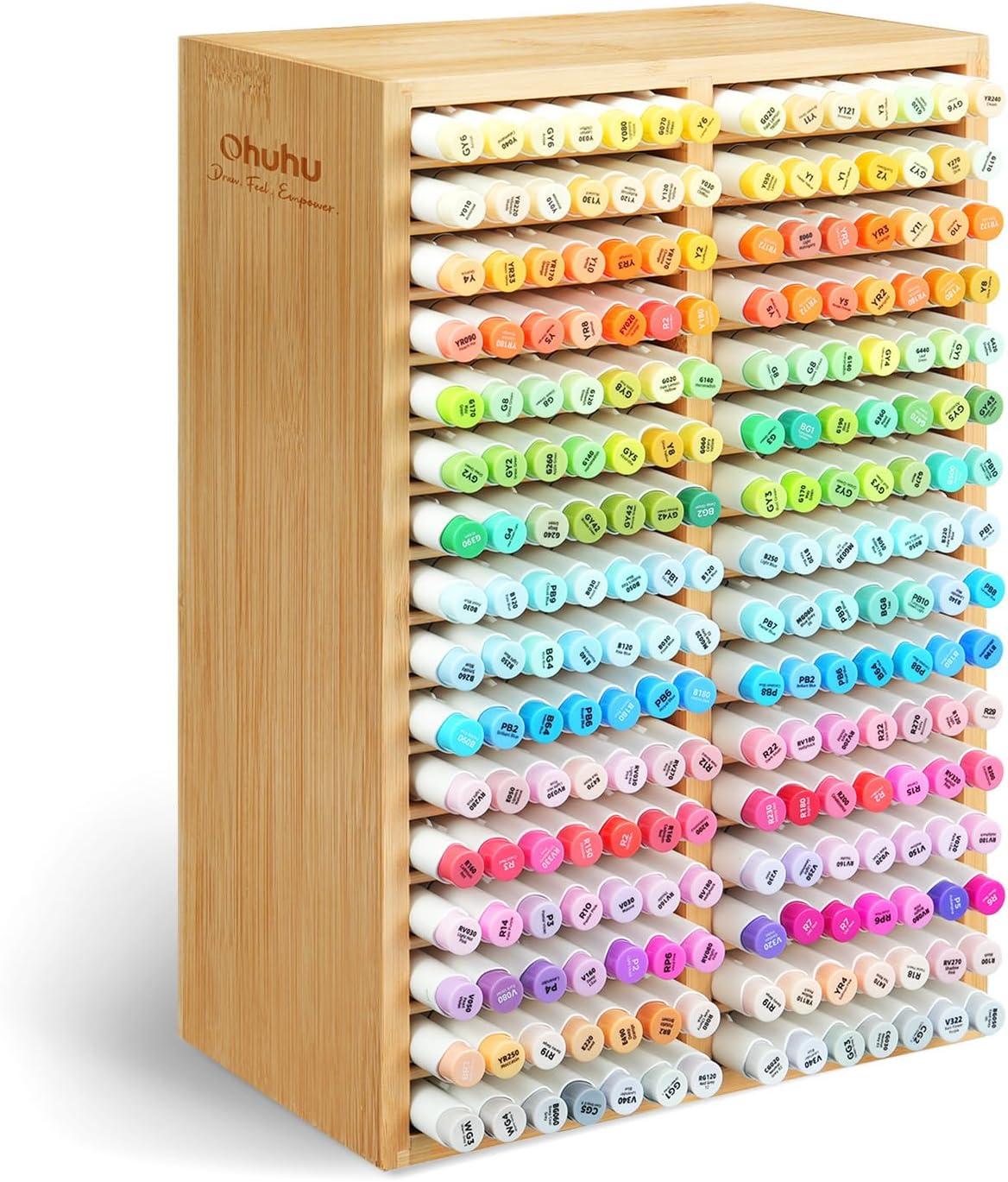 image:imageOhuhu Bamboo Marker Organizer Wooden Desktop Storage Hold 126 Markers Pens Pencils Art Brushes Stationary Organizer Pencil Holder with 18 Compartments for Home Classroom Office DecorRight Angle Hold 224 Markers