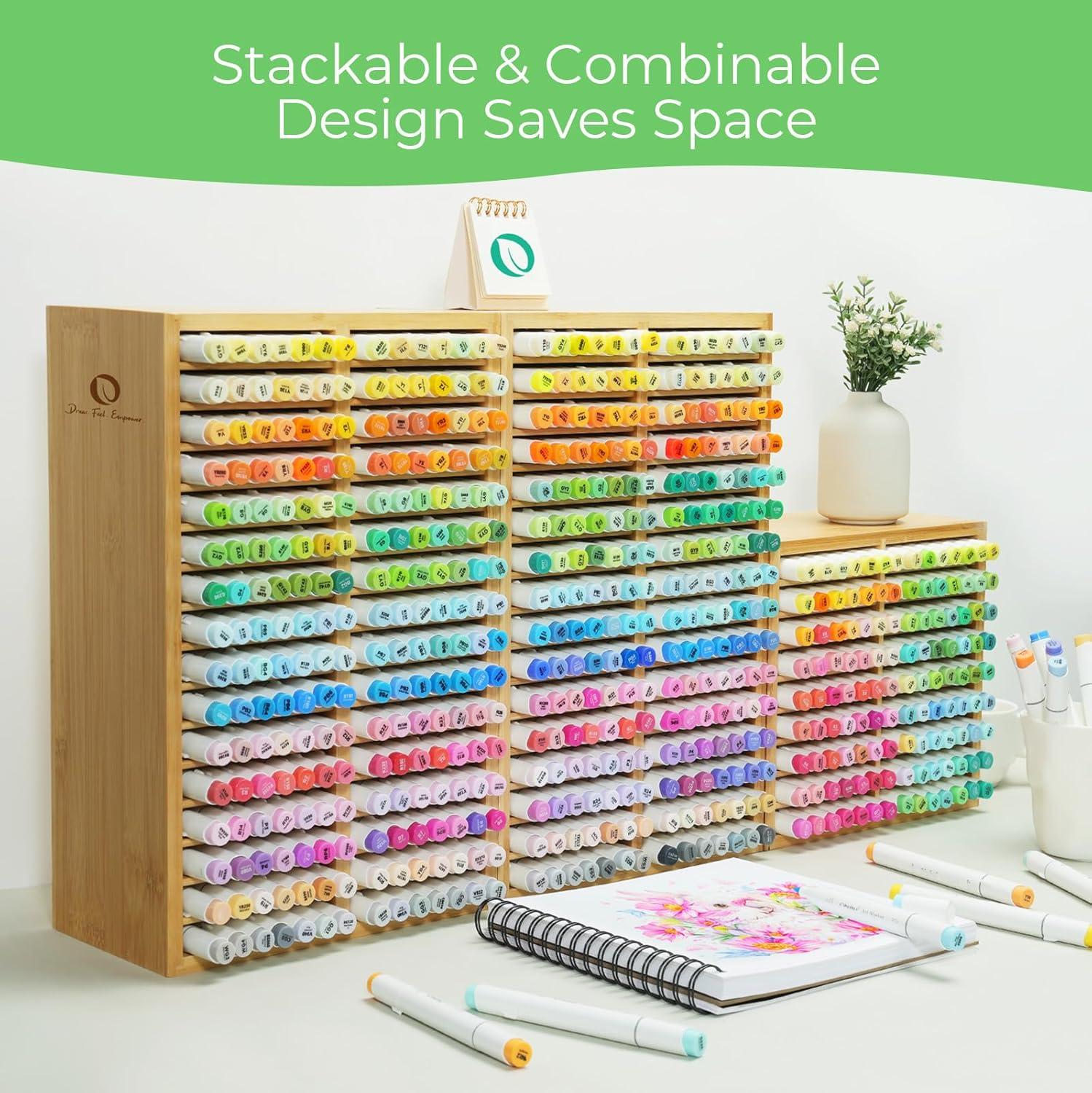 image:imageOhuhu Bamboo Marker Organizer Wooden Desktop Storage Hold 126 Markers Pens Pencils Art Brushes Stationary Organizer Pencil Holder with 18 Compartments for Home Classroom Office DecorRight Angle Hold 224 Markers