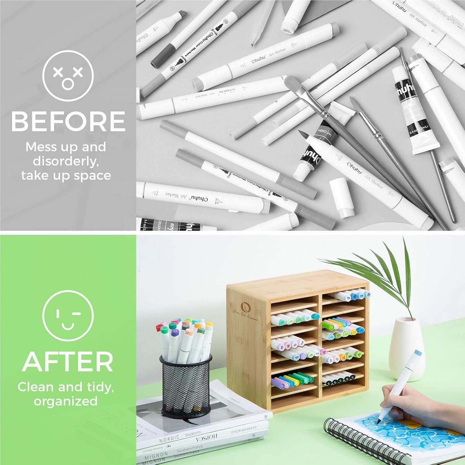 image:imageOhuhu Bamboo Marker Organizer Wooden Desktop Storage Hold 126 Markers Pens Pencils Art Brushes Stationary Organizer Pencil Holder with 18 Compartments for Home Classroom Office DecorRounded Corner Hold 126 Markers