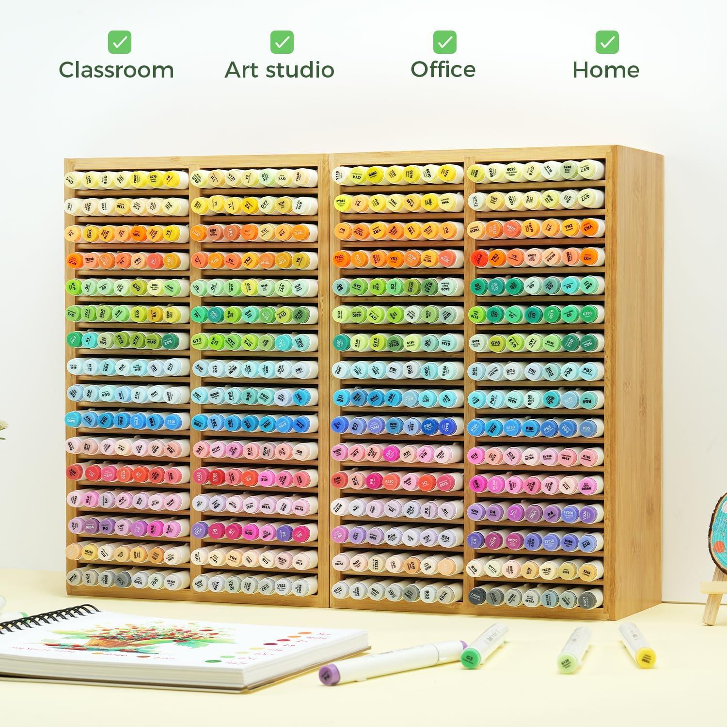 image:imageOhuhu Bamboo Marker Organizer Wooden Desktop Storage Hold 126 Markers Pens Pencils Art Brushes Stationary Organizer Pencil Holder with 18 Compartments for Home Classroom Office DecorRight Angle Hold 224 Markers