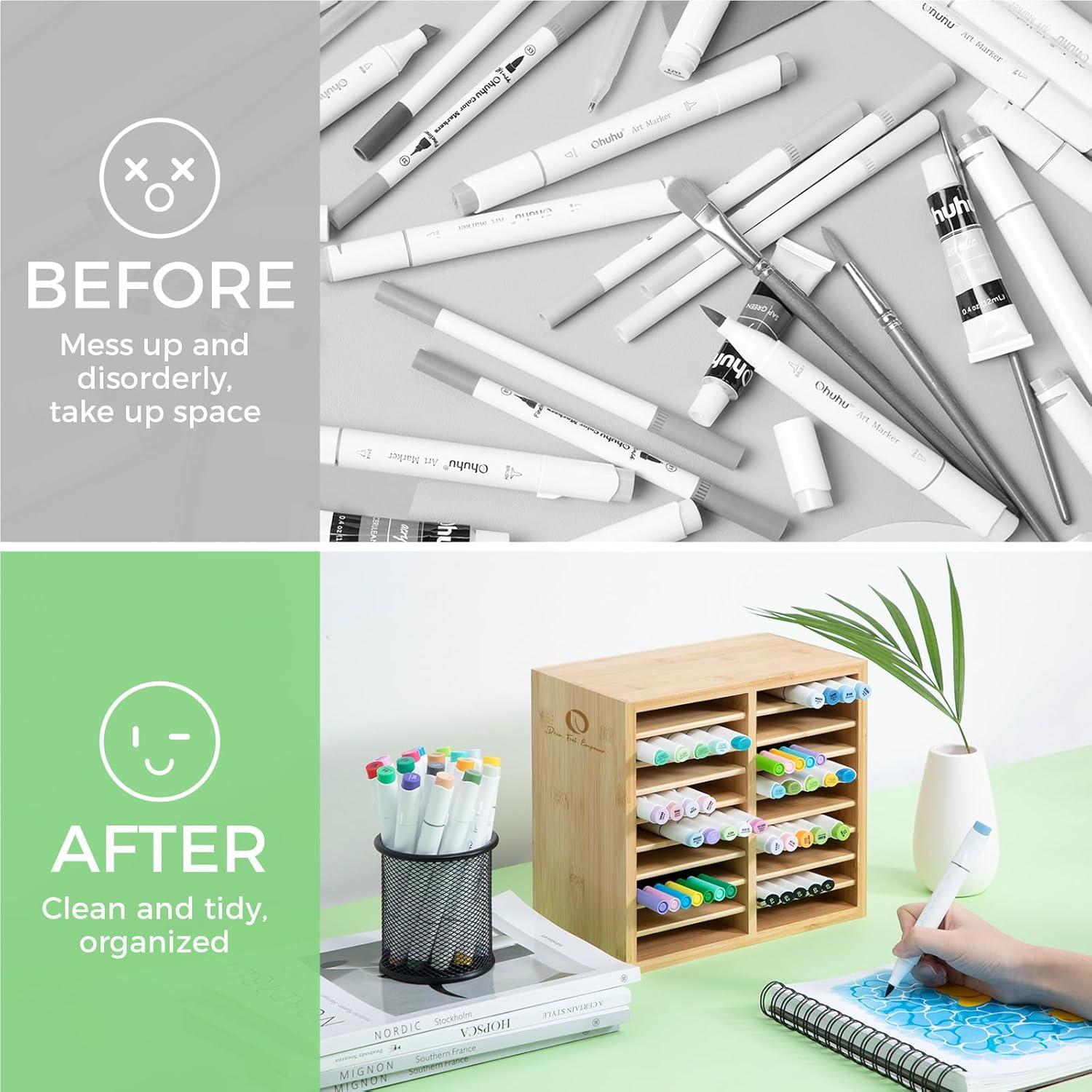 image:imageOhuhu Bamboo Marker Organizer Wooden Desktop Storage Hold 126 Markers Pens Pencils Art Brushes Stationary Organizer Pencil Holder with 18 Compartments for Home Classroom Office DecorRight Angle Hold 126 Markers