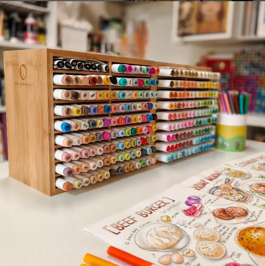 image:imageOhuhu Bamboo Marker Organizer Wooden Desktop Storage Hold 126 Markers Pens Pencils Art Brushes Stationary Organizer Pencil Holder with 18 Compartments for Home Classroom Office DecorRight Angle Hold 126 Markers
