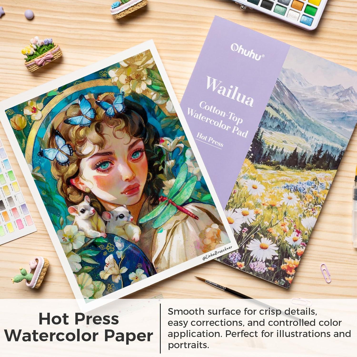 image:imageOhuhu CottonTop Watercolor Paper Pad 9x12 Hot Press 140lb300gsm Heavyweight 20 Sheets40 Pages Patented CottonCoated Surface for Watercolor Gouache Ink amp AcrylicHot Press