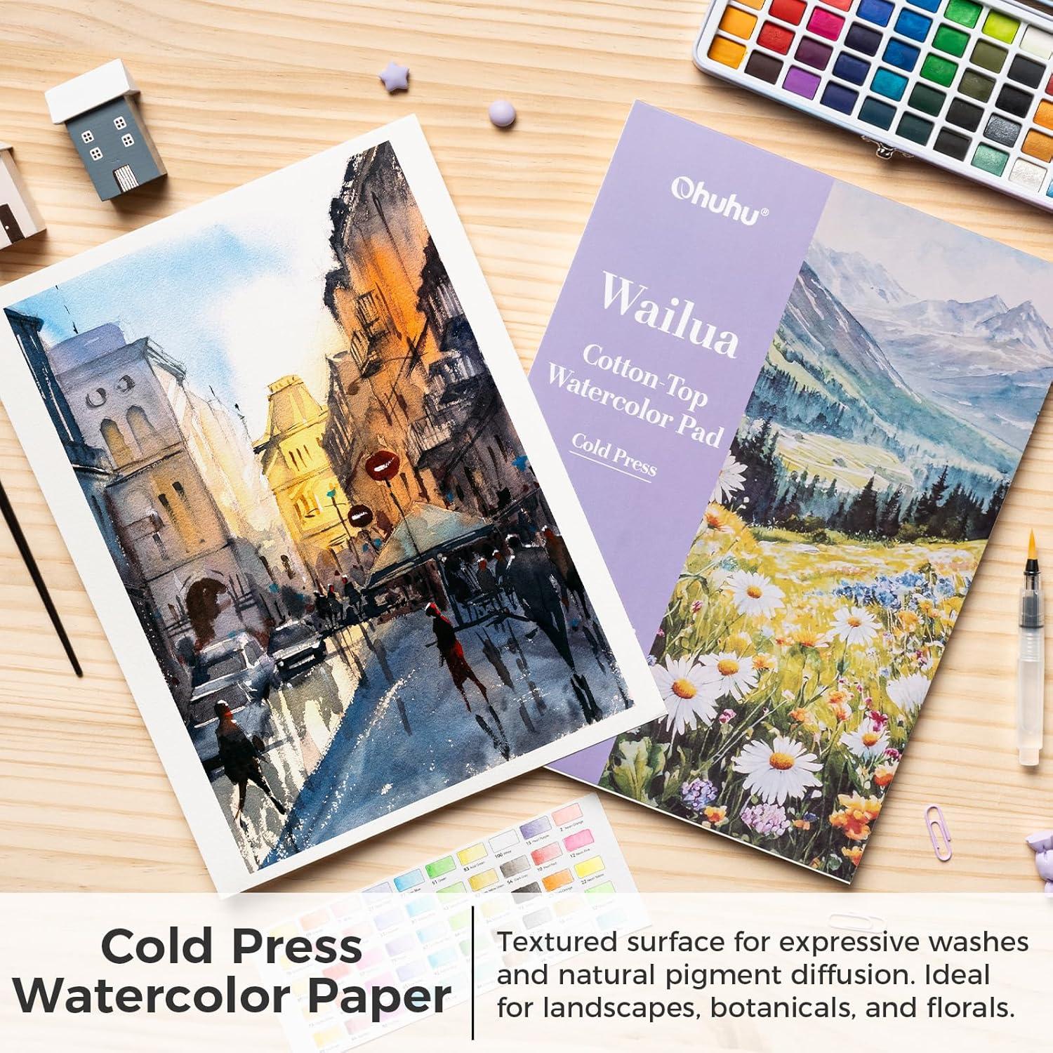 image:imageOhuhu CottonTop Watercolor Paper Pad 9x12 Hot Press 140lb300gsm Heavyweight 20 Sheets40 Pages Patented CottonCoated Surface for Watercolor Gouache Ink amp AcrylicCold Press