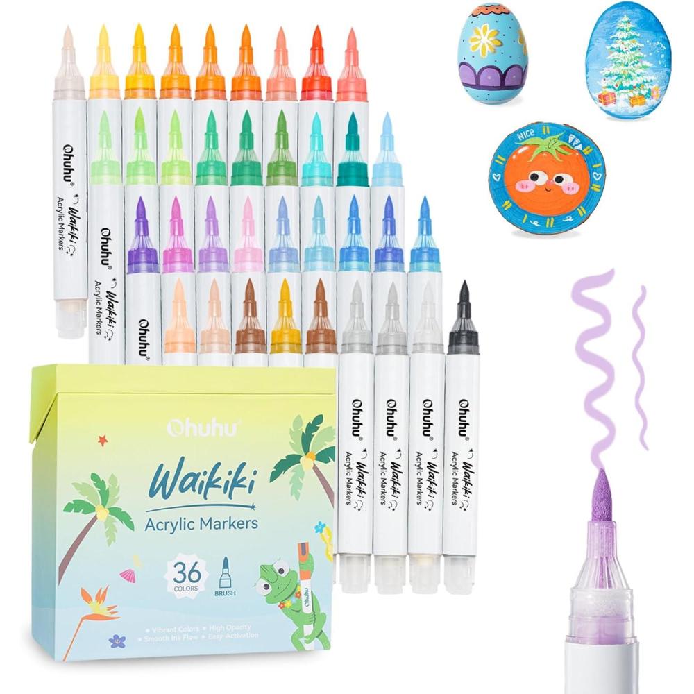 image:imageOhuhu Acrylic Paint Markers Brush Tip Top Pump 36 Colors Paint Pens Excellent Coverage Acrylic Markers Waterproof Lightfast for Rock Painting 3D Prints Egg Wood Glass Ceramic DIY Crafts Waikiki