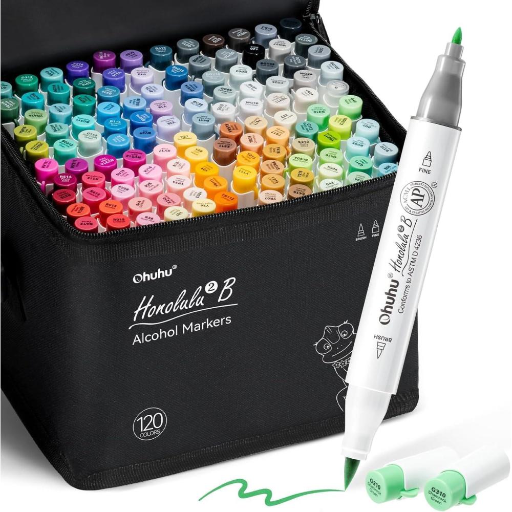 image:imageOhuhu Alcohol Markers Brush Tip 120color AP Certificated Double Tipped Art Marker Set for Artist Adults Cozy Coloring Drawing Illustration Brush and Fine Dual Tips Honolulu 2B RefillableBrush Fine