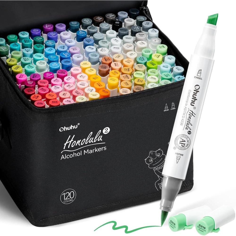 image:imageOhuhu Alcohol Markers Brush Tip 120color AP Certificated Double Tipped Art Marker Set for Artist Adults Cozy Coloring Drawing Illustration Brush and Fine Dual Tips Honolulu 2B RefillableBrush Chisel