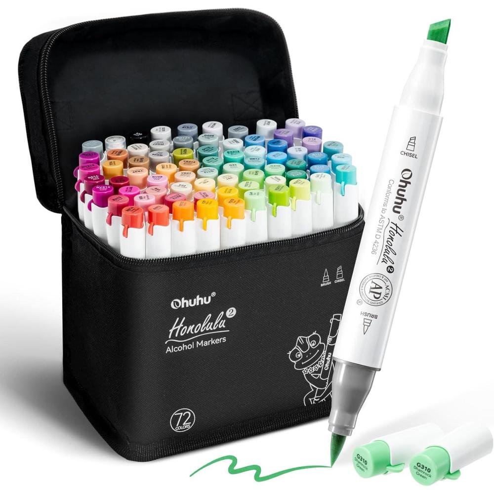 image:imageOhuhu Alcohol Markers Brush Tip AP Certificated Double Tipped Art Marker Set for Artist Adults Coloring Illustration 72 Colors Refillable Fine and Brush Dual Tips Honolulu 2B of Ohuhu MarkersBrush Chisel
