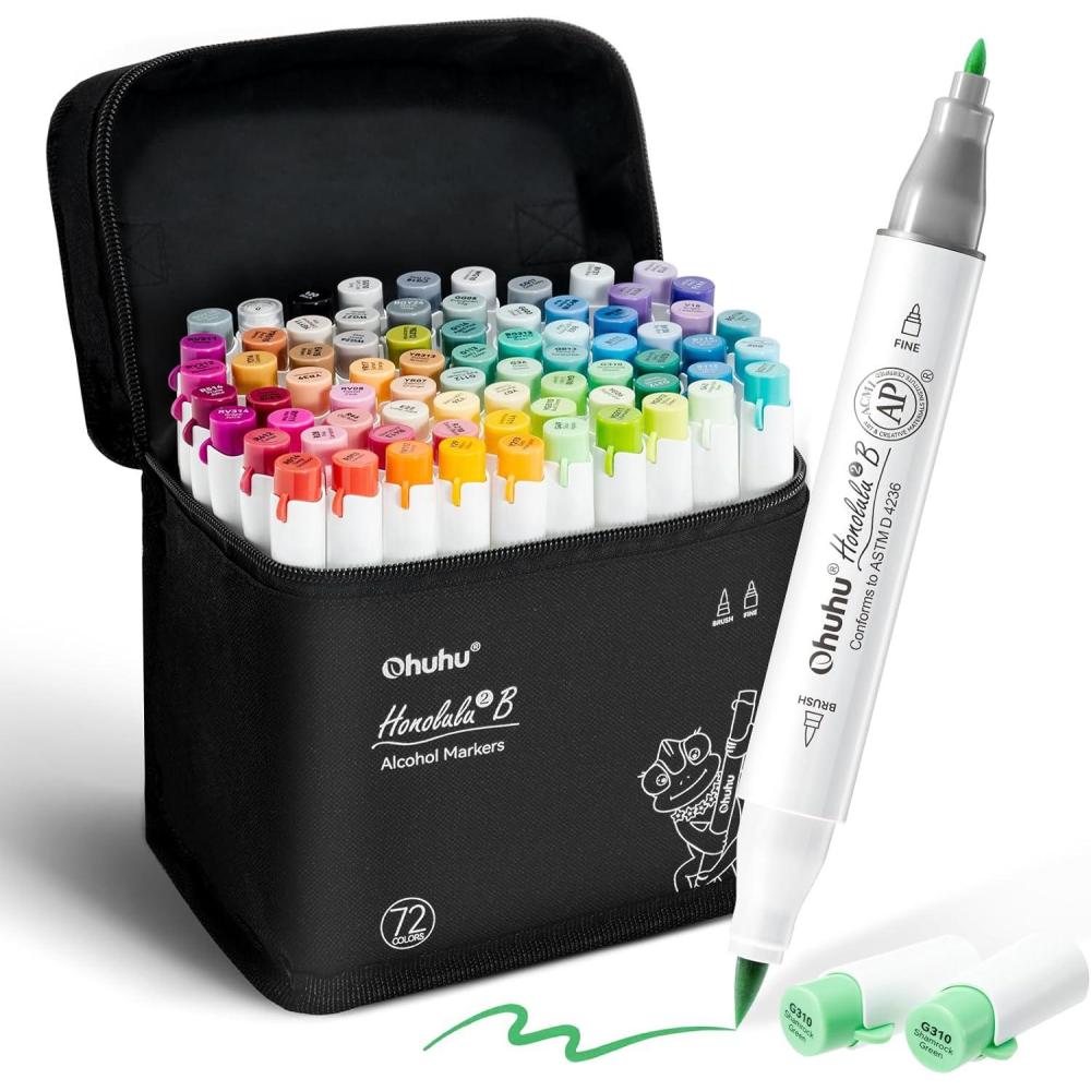 image:imageOhuhu Alcohol Markers Brush Tip AP Certificated Double Tipped Art Marker Set for Artist Adults Coloring Illustration 72 Colors Refillable Fine and Brush Dual Tips Honolulu 2B of Ohuhu MarkersBrush Fine