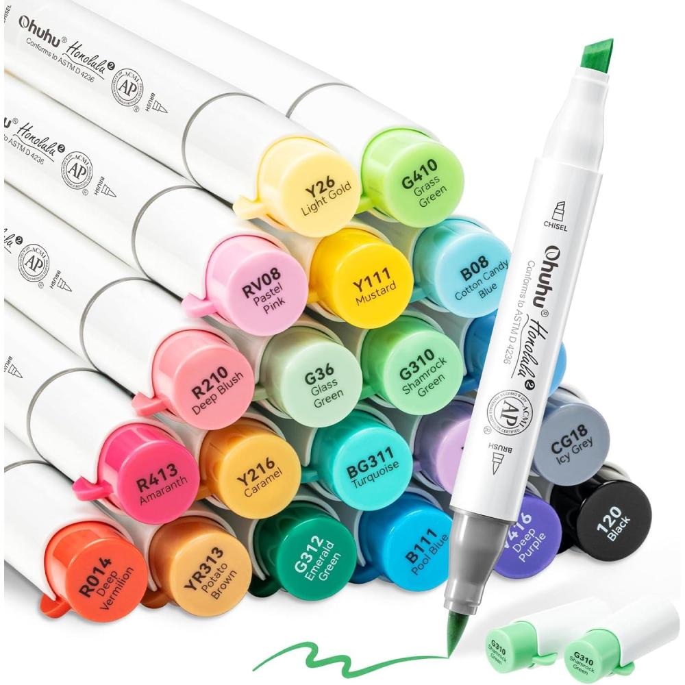 image:imageOhuhu Alcohol Markers Brush Tip AP Certificated 24 Basic Colors Double Tipped Alcohol Based Art Marker Set for Artist Sketching Adult Coloring Illustration  Brush amp Fine Dual Tips  Honolulu 2BBrush  Chisel
