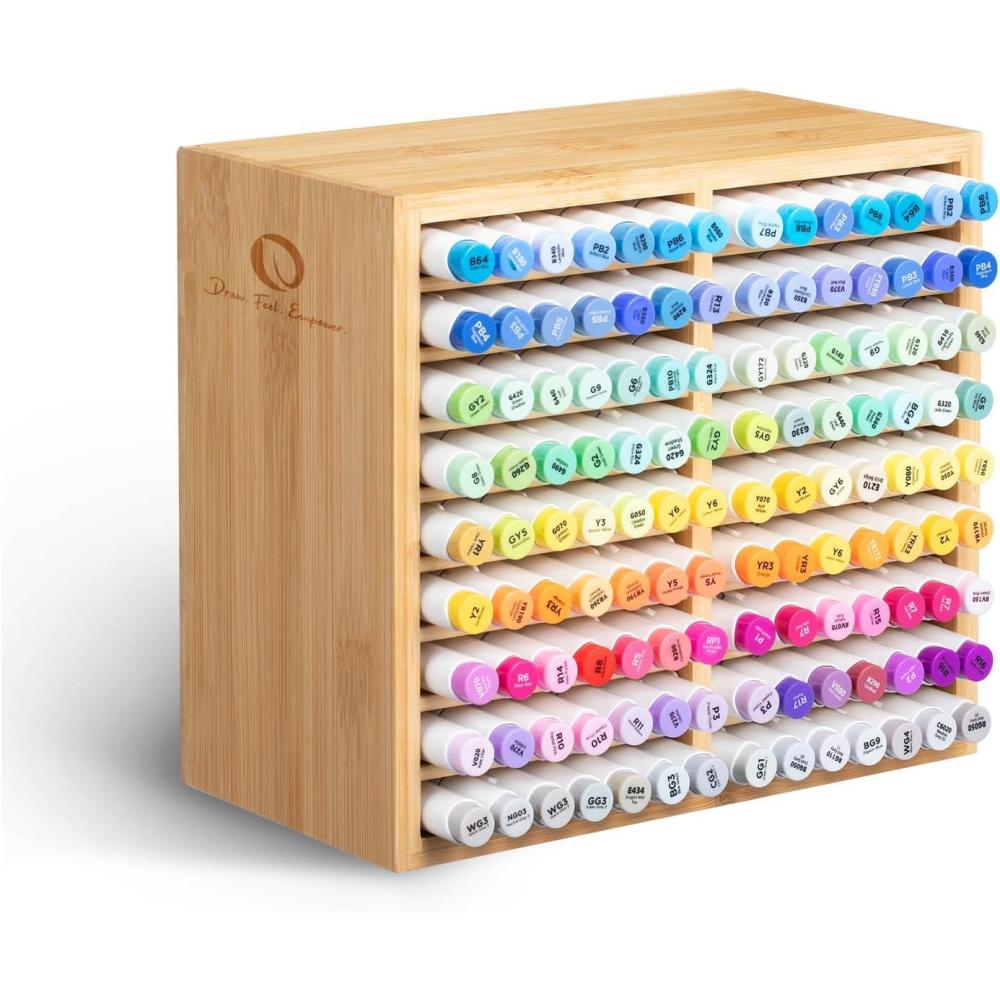image:imageOhuhu Bamboo Marker Organizer Wooden Desktop Storage Hold 126 Markers Pens Pencils Art Brushes Stationary Organizer Pencil Holder with 18 Compartments for Home Classroom Office DecorRight Angle Hold 126 Markers