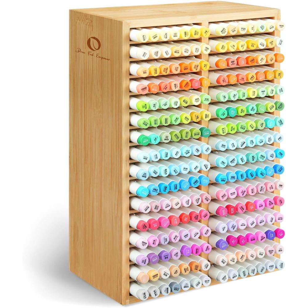 image:imageOhuhu Bamboo Marker Organizer Wooden Desktop Storage Hold 126 Markers Pens Pencils Art Brushes Stationary Organizer Pencil Holder with 18 Compartments for Home Classroom Office DecorRight Angle Hold 224 Markers