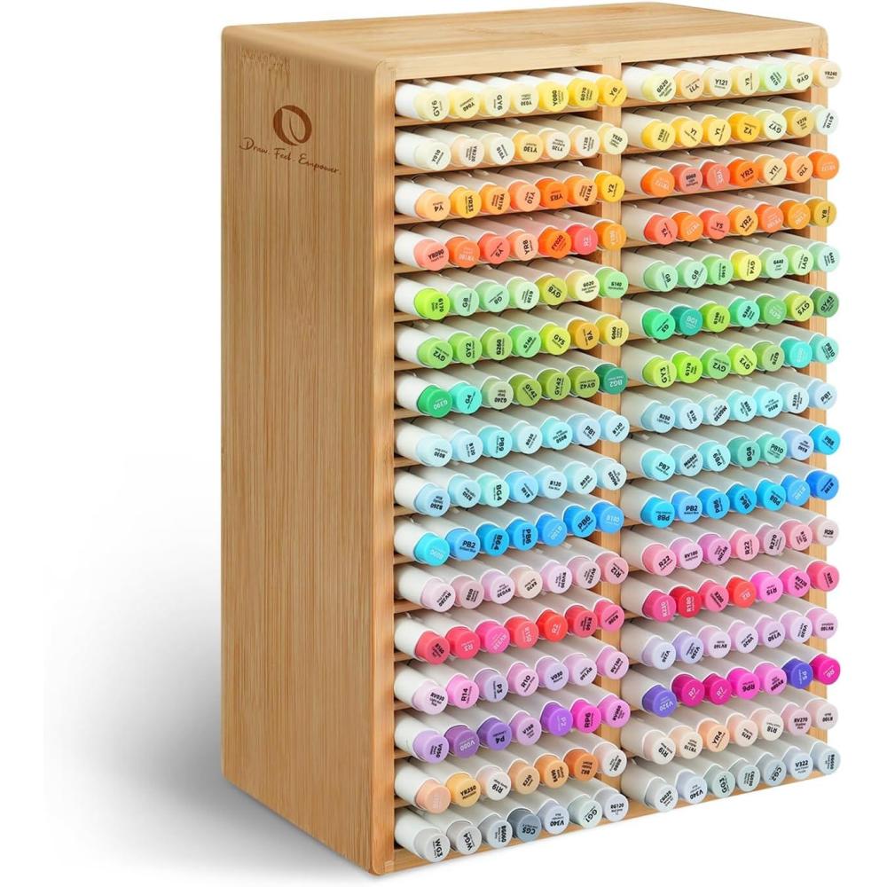 image:imageOhuhu Bamboo Marker Organizer Wooden Desktop Storage Hold 126 Markers Pens Pencils Art Brushes Stationary Organizer Pencil Holder with 18 Compartments for Home Classroom Office DecorRounded Corner Hold 224 Markers