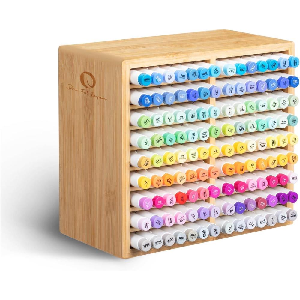 image:imageOhuhu Bamboo Marker Organizer Wooden Desktop Storage Hold 126 Markers Pens Pencils Art Brushes Stationary Organizer Pencil Holder with 18 Compartments for Home Classroom Office DecorRounded Corner Hold 126 Markers